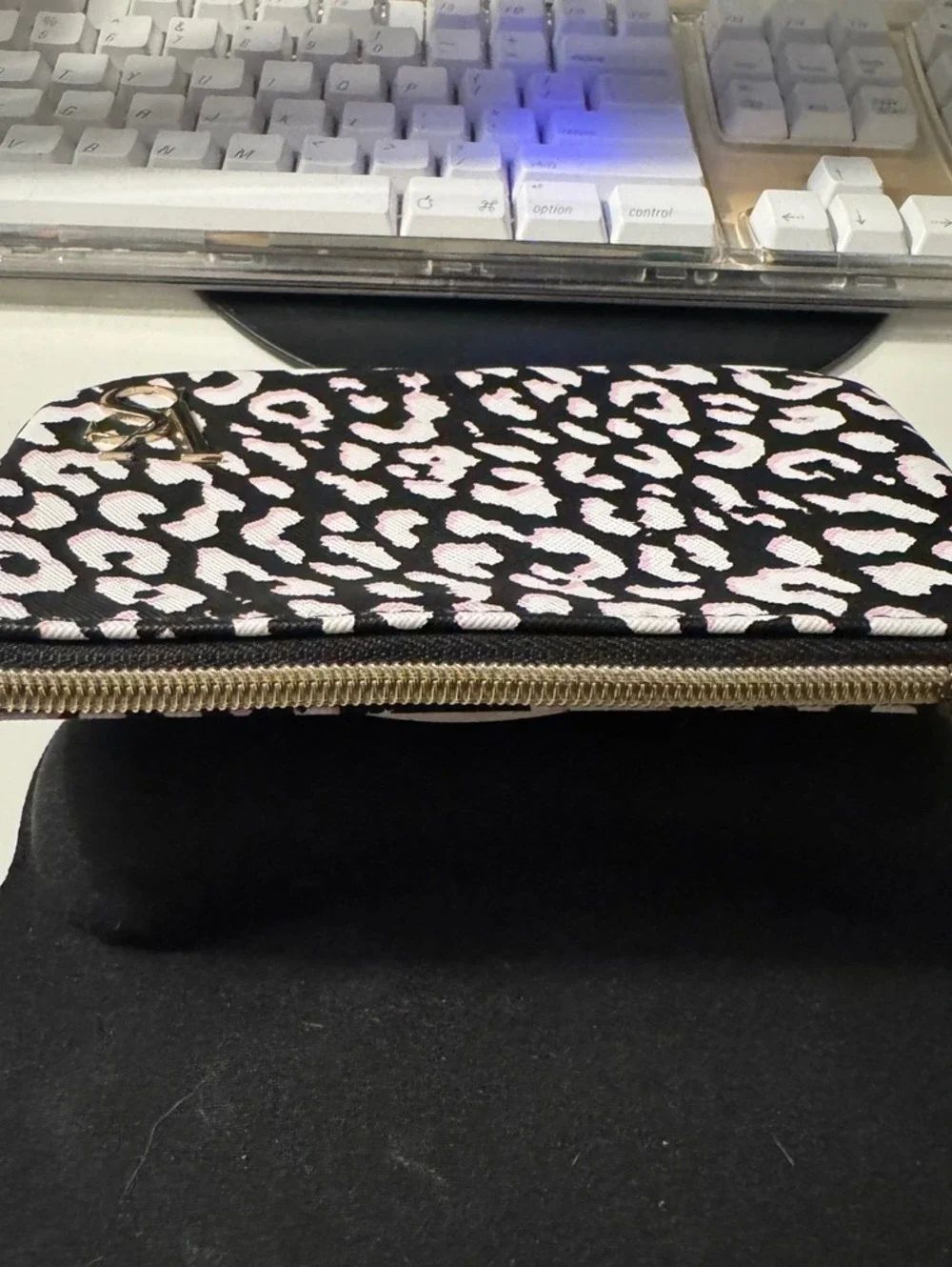 Victoria's Secret Pink Black Leopard Animal Print Wristlet Pouch Gold VS Logo